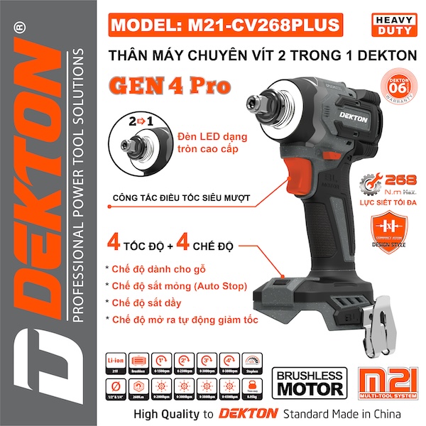 Máy Siết Vít Dekton M21-CV268PLUS 21V - Lực Siết 268N.m, 4 Tốc Độ, 4 Chế Độ