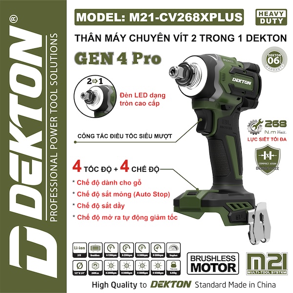 Máy Siết Vít Dekton M21-CV268PLUS 21V - Lực Siết 268N.m, 4 Tốc Độ, 4 Chế Độ