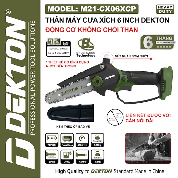 Máy Cưa Xích Pin 6 Inch Dekton M21-CX06CP – Động Cơ Không Chổi Than, Có Bình Nhớt