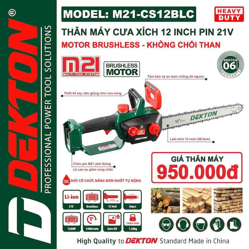 Cưa xích cầm tay hoạt động bằng pin hiệu DEKTON, model: M21-CS12BLC