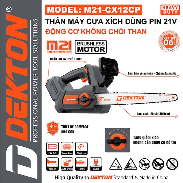 Máy Cưa Xích Pin 21V Dekton M21-CX12CP, Động Cơ Không Chổi Than (Brushless), Lam Xích 12 inch