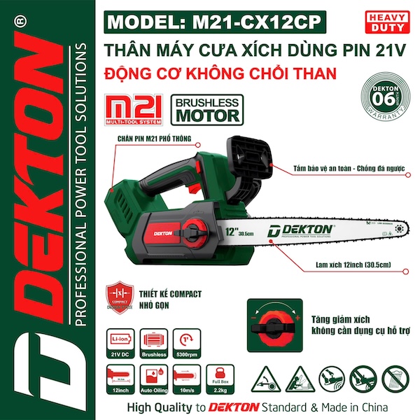 Máy Cưa Xích Pin 21V Dekton M21-CX12CP, Động Cơ Không Chổi Than (Brushless), Lam Xích 12 inch