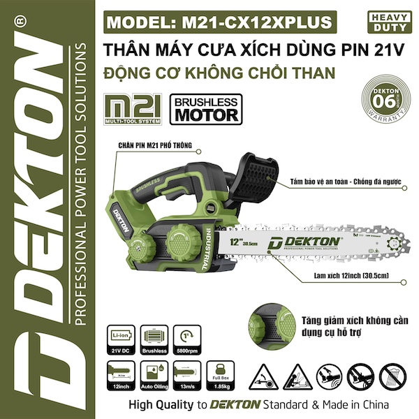 Máy Cưa Xích Pin 21V Dekton M21-CX12XPLUS (Lam 12 Inch - Động Cơ Không Chổi Than)