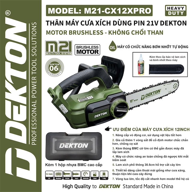 MÁY CƯA XÍCH 12 INCH DEKTON M21-CX12PRO, MOTOR KHÔNG CHỔI THAN