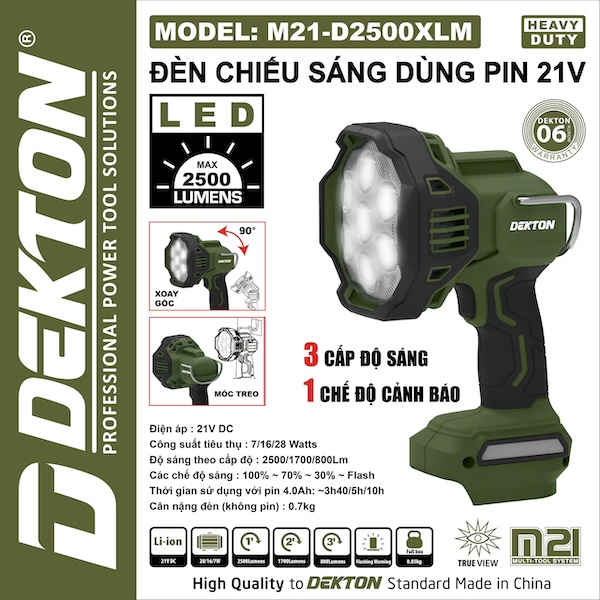 Đèn Chiếu Sáng Dùng Pin Dekton M21-D2500XLM 21V 2500 Lumens 3 Cấp Độ Sáng Đèn LED Cầm Tay Công Trình