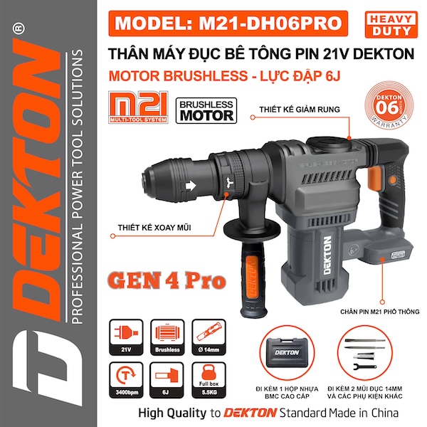 Máy Đục Bê Tông Pin 21V DEKTON M21-DH06XPRO Motor Brushless Lực Đập 6J