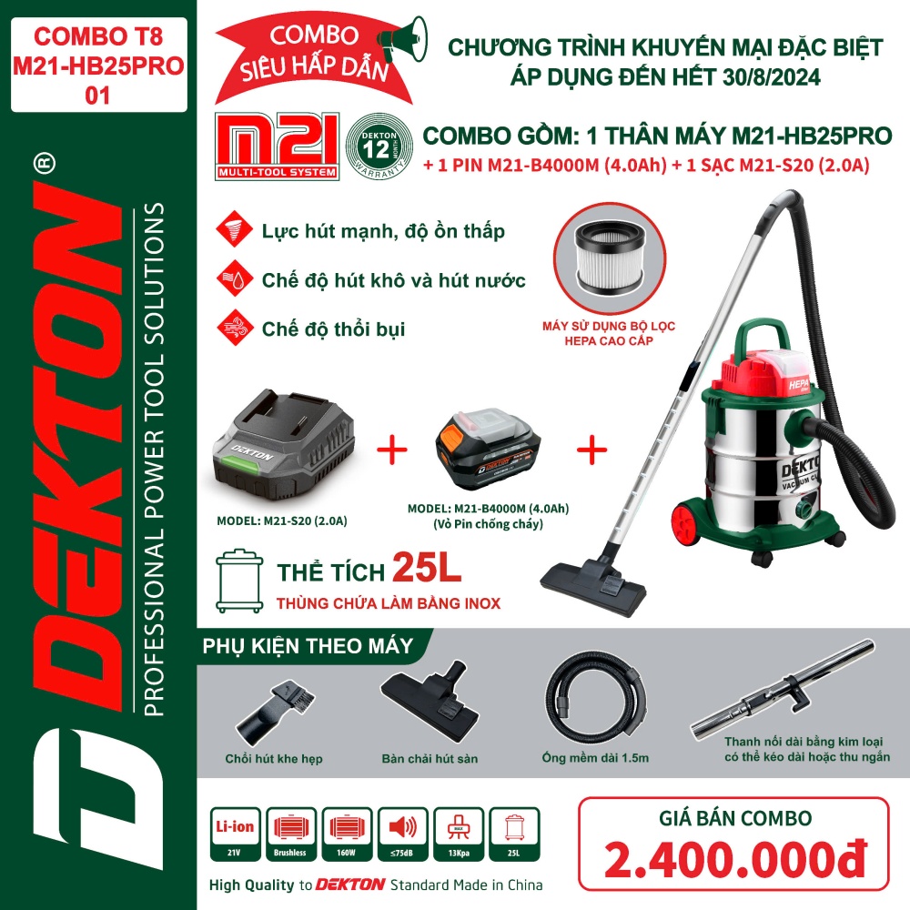 Máy Hút, Thổi Bụi Khô - Ướt Thùng 25L Dùng Pin Phổ Thông 21V Dekton M21-HB25PRO hút mạnh, độ ồn thấp