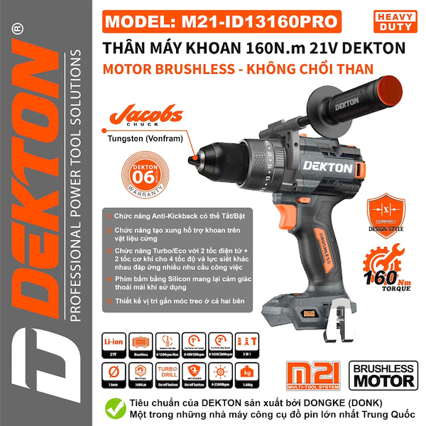 Máy Khoan Búa Pin DEKTON M21-ID13160XPRO (160N.m) Động Cơ Không Chổi Than, Chống Giật Anti-Kickback