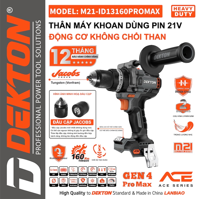 [ACE series] Máy Khoan Động Lực 160Nm Dùng Pin 21V Dekton M21-ID13160PROMAX Thế Hệ Mới Nhất