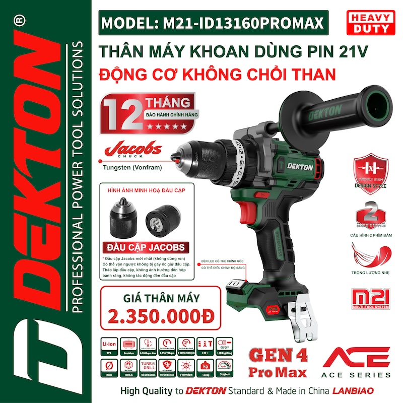[ACE series] Máy Khoan Động Lực 160Nm Dùng Pin 21V Dekton M21-ID13160PROMAX Thế Hệ Mới Nhất