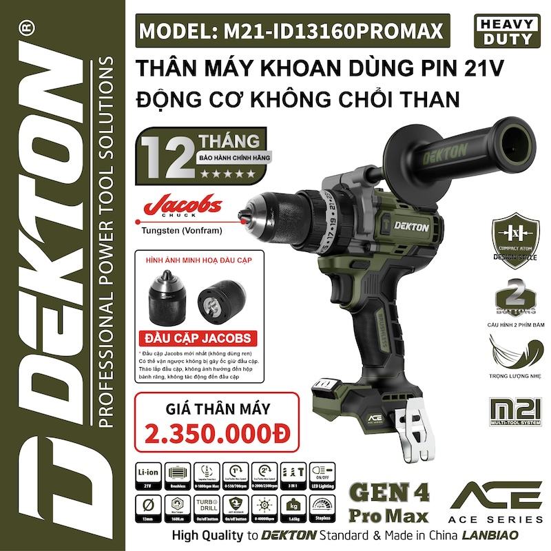 [ACE series] Máy Khoan Động Lực 160Nm Dùng Pin 21V Dekton M21-ID13160PROMAX Thế Hệ Mới Nhất
