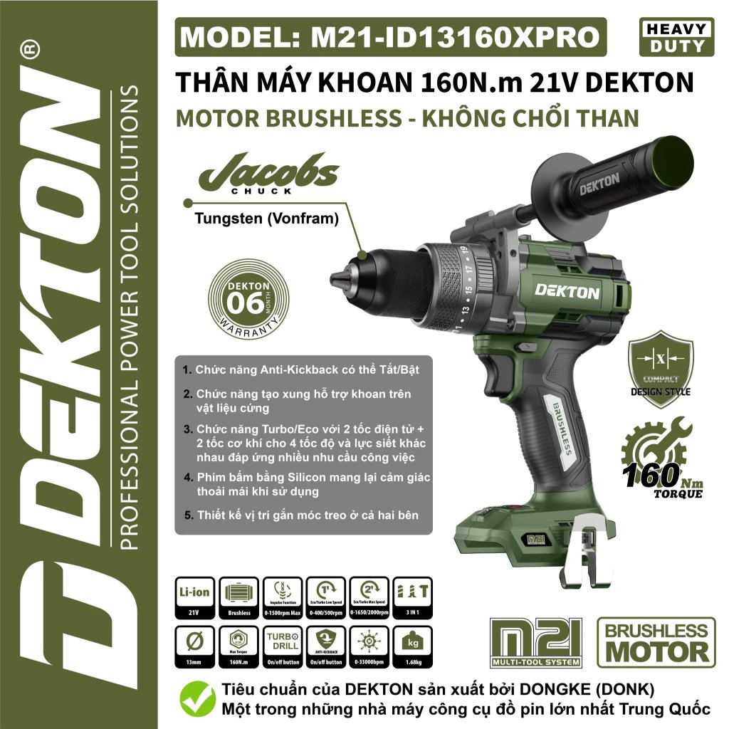Máy Khoan Búa Pin DEKTON M21-ID13160XPRO (160N.m) Động Cơ Không Chổi Than, Chống Giật Anti-Kickback