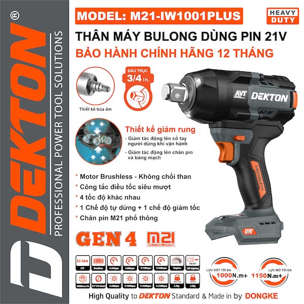 Máy Siết Bu Lông Pin Dekton M21-IW1001PLUS (Gen 4) – Đầu 3/4 Inch, Lực Siết 1000N.m