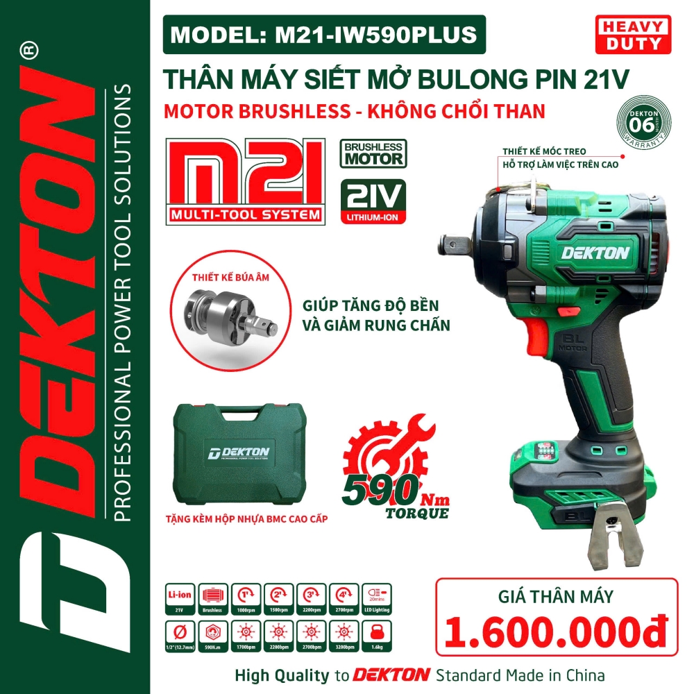 MÁY SIẾT BULONG 590N DÙNG PIN 21V DEKTON M21-IW590PLUS