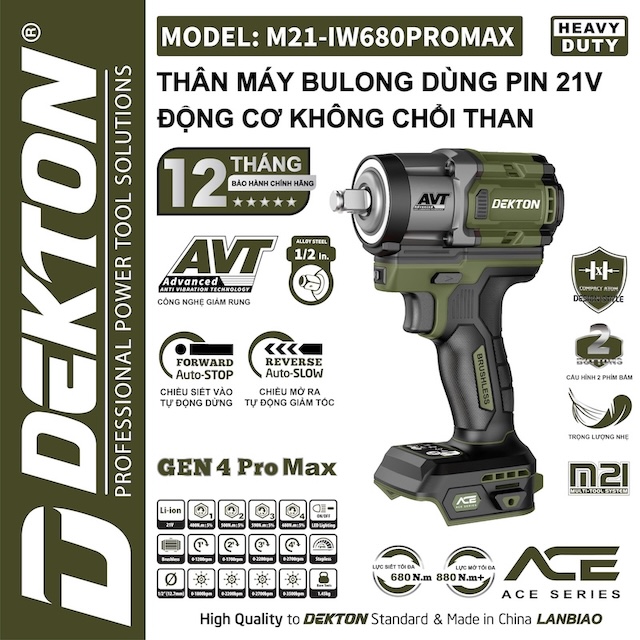[ACE series] Máy Siết Bulong 680Nm Dùng Pin 21V Dekton M21-IW680PROMAX Thế hệ mới nhất GEN 4, chân pin phổ thông