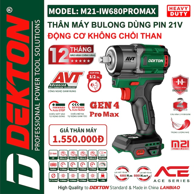 [ACE series] Máy Siết Bulong 680Nm Dùng Pin 21V Dekton M21-IW680PROMAX Thế hệ mới nhất GEN 4, chân pin phổ thông