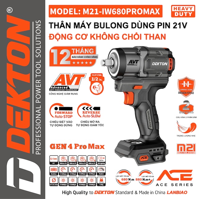 [ACE series] Máy Siết Bulong 680Nm Dùng Pin 21V Dekton M21-IW680PROMAX Thế hệ mới nhất GEN 4, chân pin phổ thông