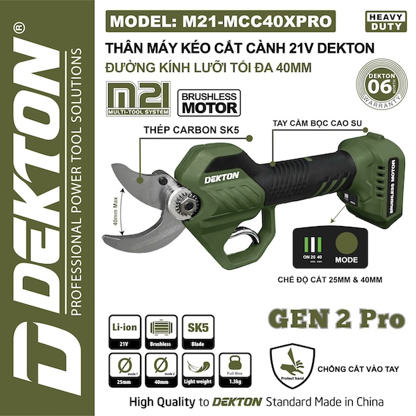 Kéo cắt cành chạy pin DEKTON M21-MCC40XPRO không chổi than 21V lưỡi 40mm (GEN 2 Pro)