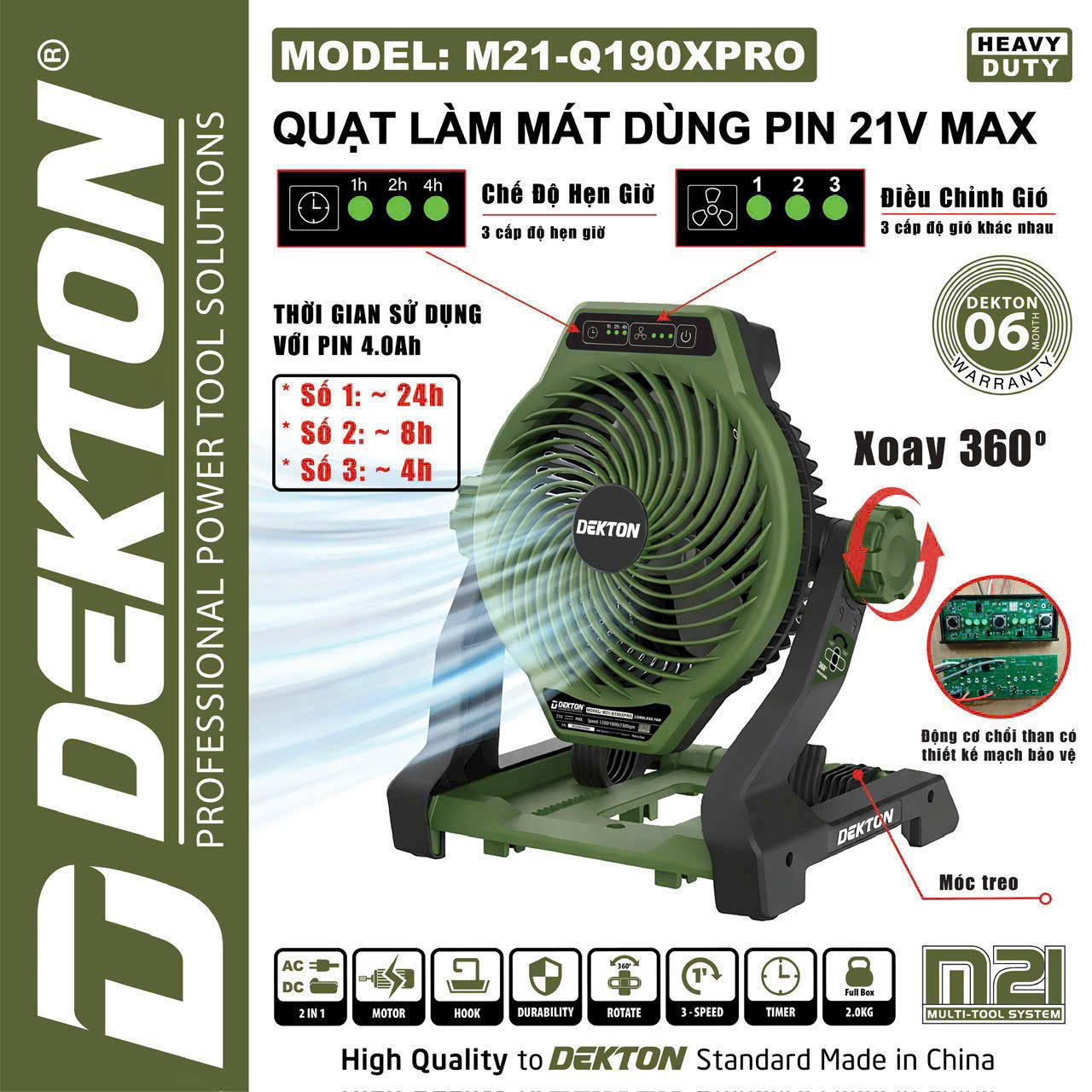 Quạt Dùng Pin 21V Dekton M21-Q190XPRO (Màu Olive) – Xoay 360 Độ, Chống Nước IPX4, Hàng Chính Hãng
