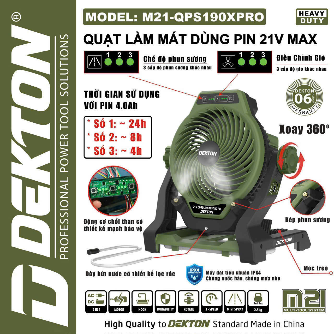 Quạt Phun Sương Dùng Pin 21V Dekton M21-QPS190XPRO (Màu Olive) – Kháng Nước IPX4, Chân Pin Phổ Thông M21