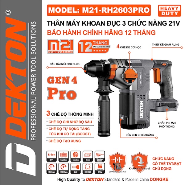 Máy Khoan Đục Bê Tông Dekton M21-RH2603PRO - 3 Chức Năng, Pin 21V, Bảo Hành 12 Tháng