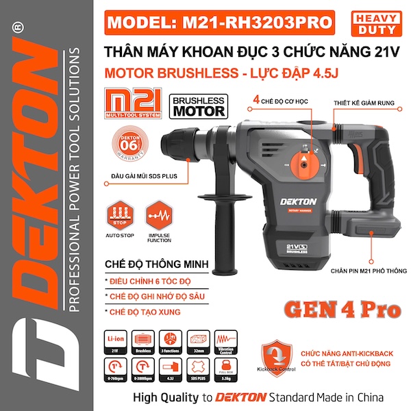 Máy Khoan Đục Bê Tông Pin 21V DEKTON M21-RH3203XPRO Motor Brushless Lực Đập 4.5J