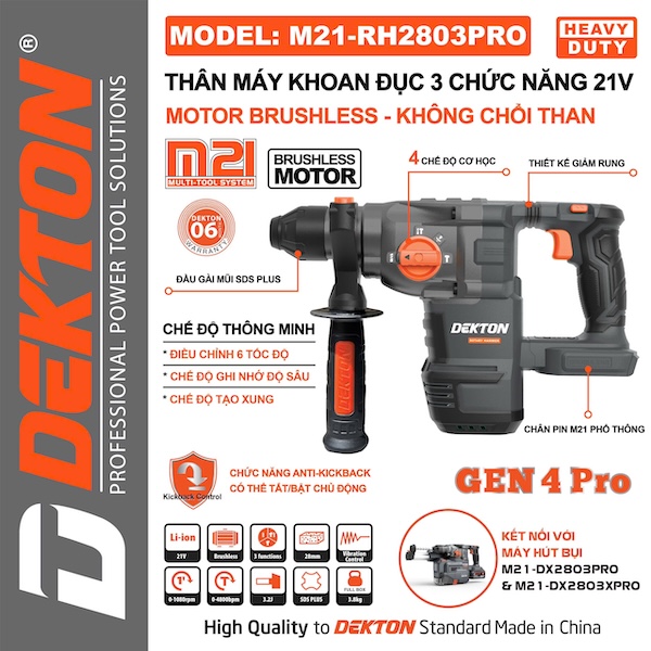 Máy Khoan Đục Bê Tông Pin 3 Chức Năng DEKTON M21-RH2803XPRO Có Chống Giật (Anti-Kickback)