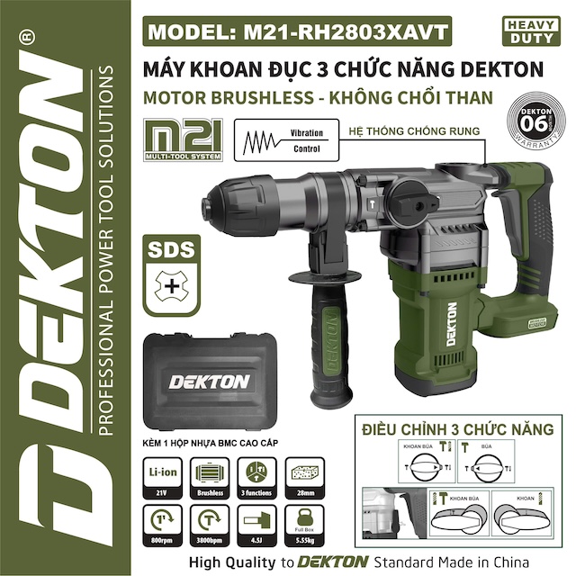 MÁY KHOAN ĐỤC BÊ TÔNG DÙNG PIN DEKTON M21-RH2803XAVT MÀU OLIU - MOTOR KHÔNG CHỔI THAN, CÓ CHỐNG RUNG AVT