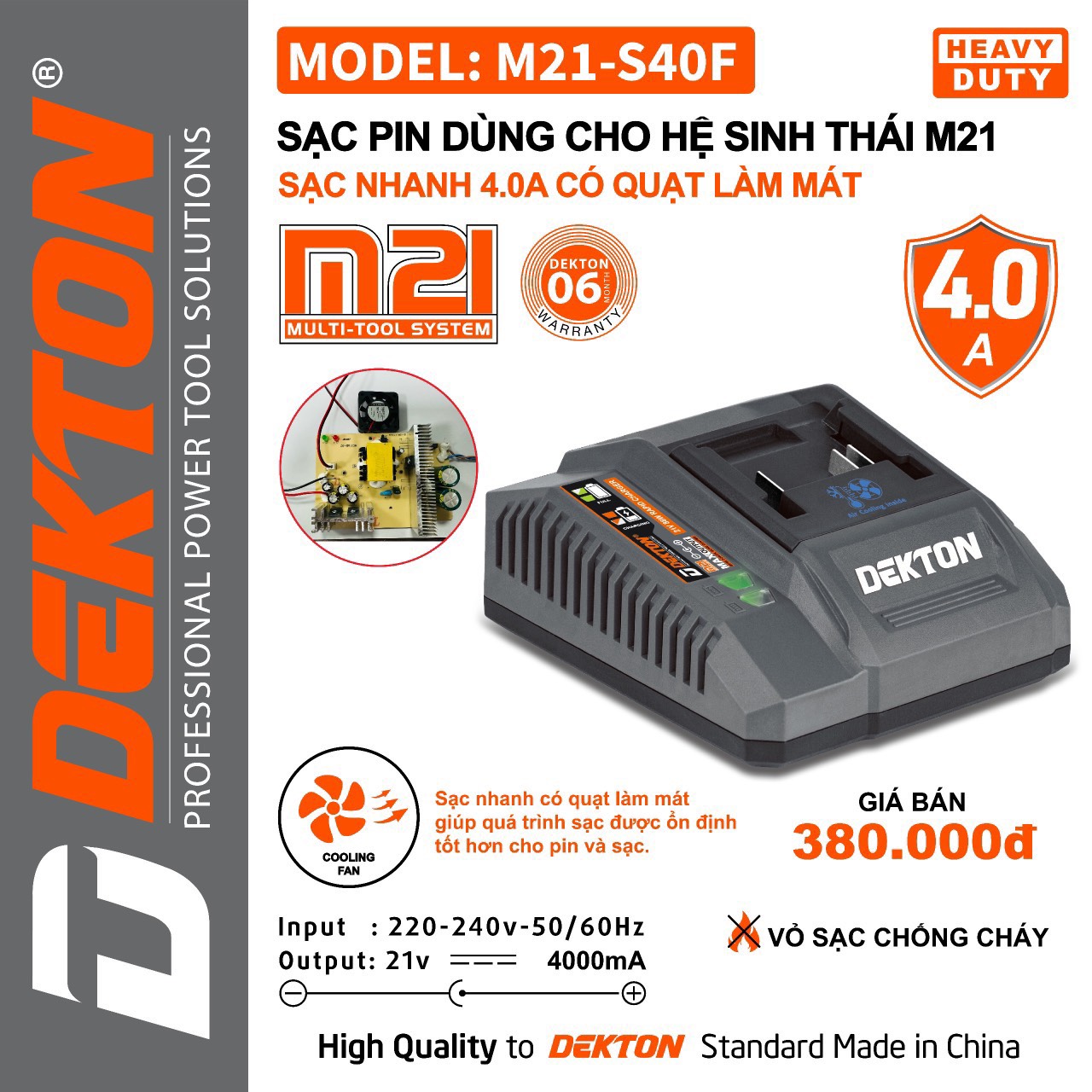 Sạc Pin 21V Dekton M21-S40PRO, Công Suất 40A Sạc Nhanh, Có Quạt Tản Nhiệt
