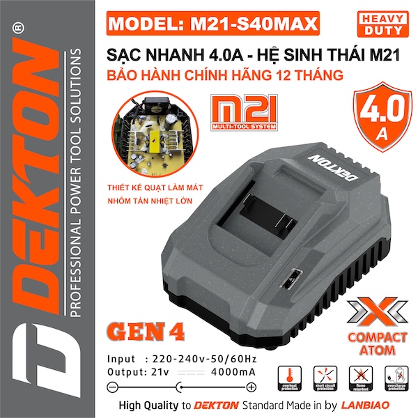 Sạc Nhanh Dekton M21-S40MAX (4.0A) – Thế Hệ Gen 4, Có Quạt Làm Mát & Tản Nhiệt Nhôm