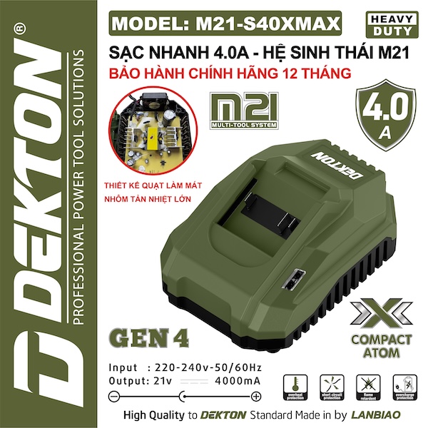 Sạc Nhanh Dekton M21-S40MAX (4.0A) – Thế Hệ Gen 4, Có Quạt Làm Mát & Tản Nhiệt Nhôm