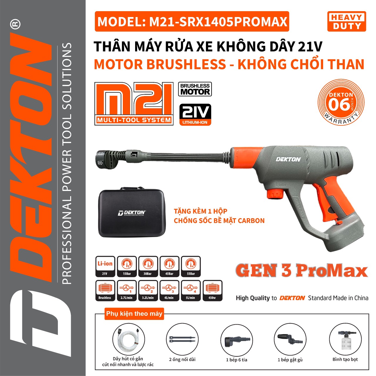 Máy xịt rửa xe (máy phun bắn tia nước áp lực cao), hiệu DEKTON, dùng pin, dạng cầm tay (ko kèm pin) M21-SRX1406PROMAX