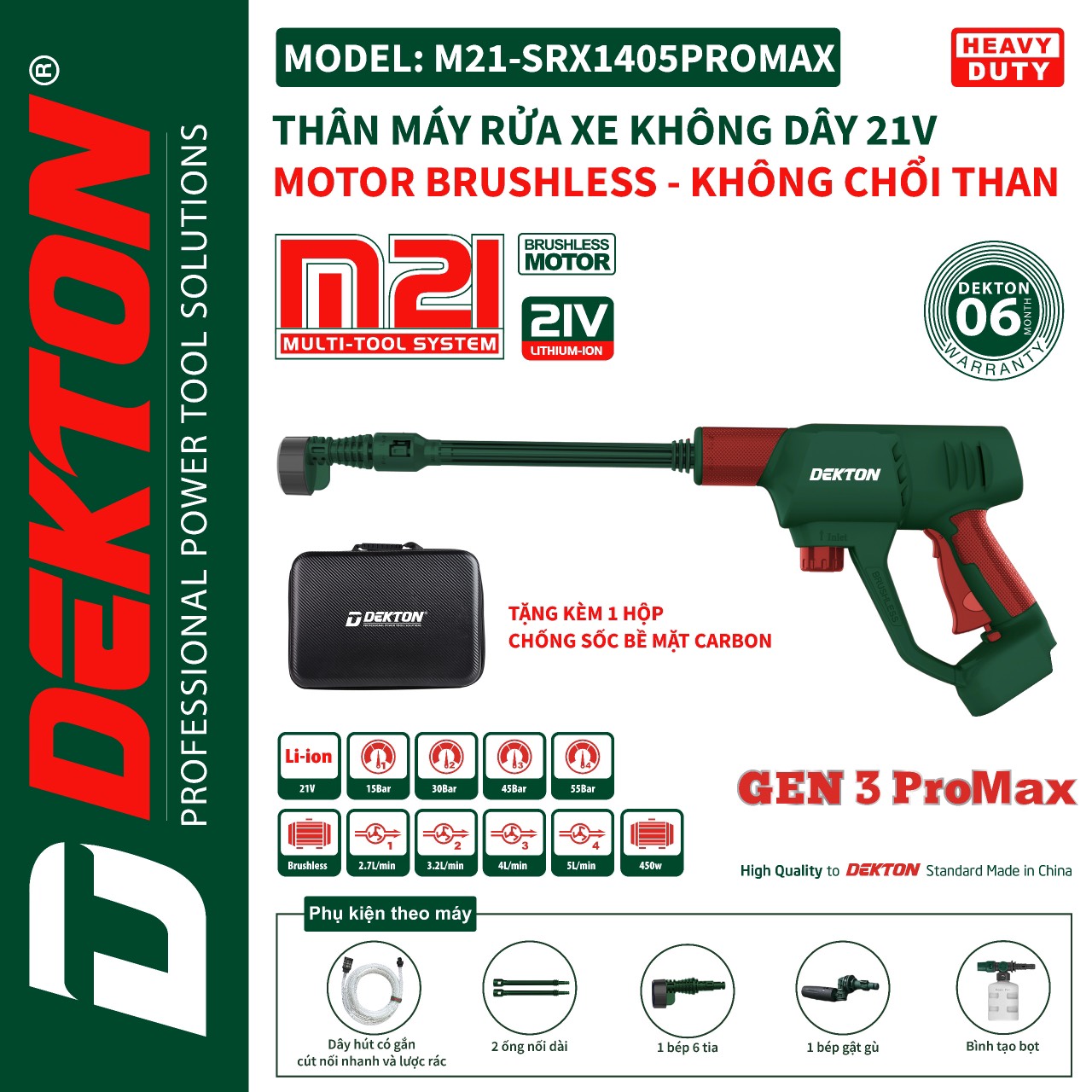 Máy xịt rửa xe (máy phun bắn tia nước áp lực cao), hiệu DEKTON, dùng pin, dạng cầm tay (ko kèm pin) M21-SRX1406PROMAX
