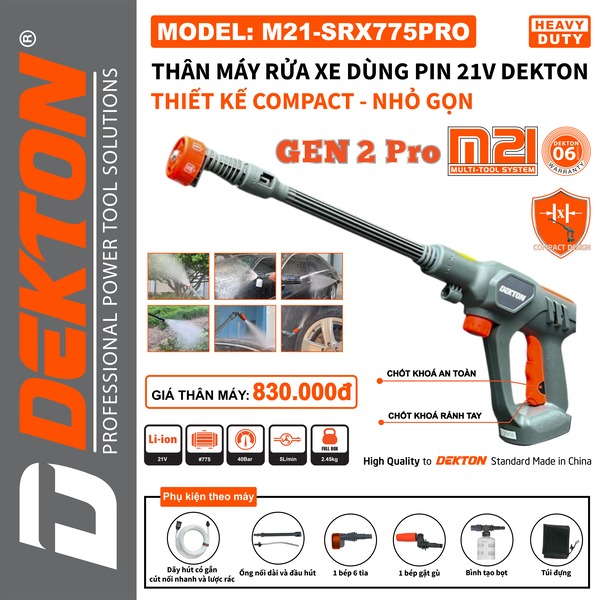 Máy Rửa Xe Dùng Pin Dekton M21-SRX775PRO 21V - Áp Lực 48 Bar, Thiết Kế Nhỏ Gọn