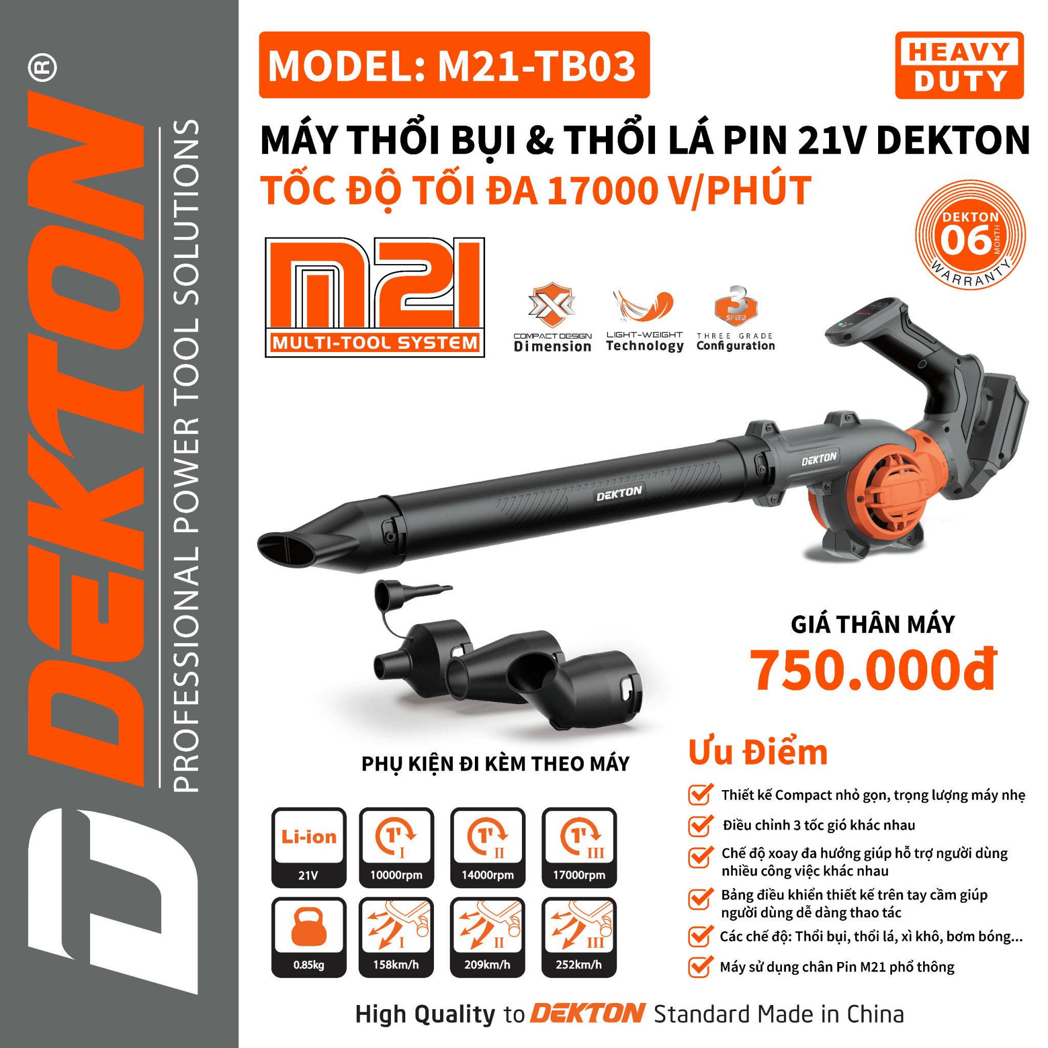 MÁY THỔI BỤI, THỔI LÁ DÙNG PIN 21V DEKTON M21-TB03 - MẪU MỚI NHẤT