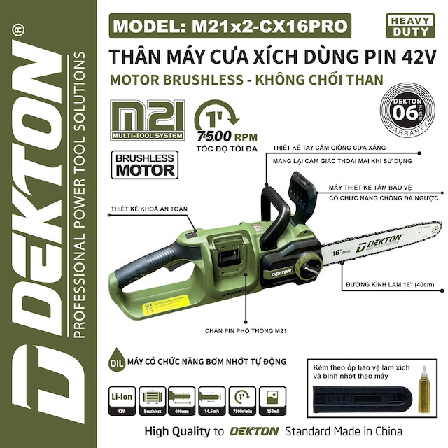 Máy cưa xích 16inch dùng 2 pin 21V Dekton M21x2-CX16XPRO - MÀU OLIU