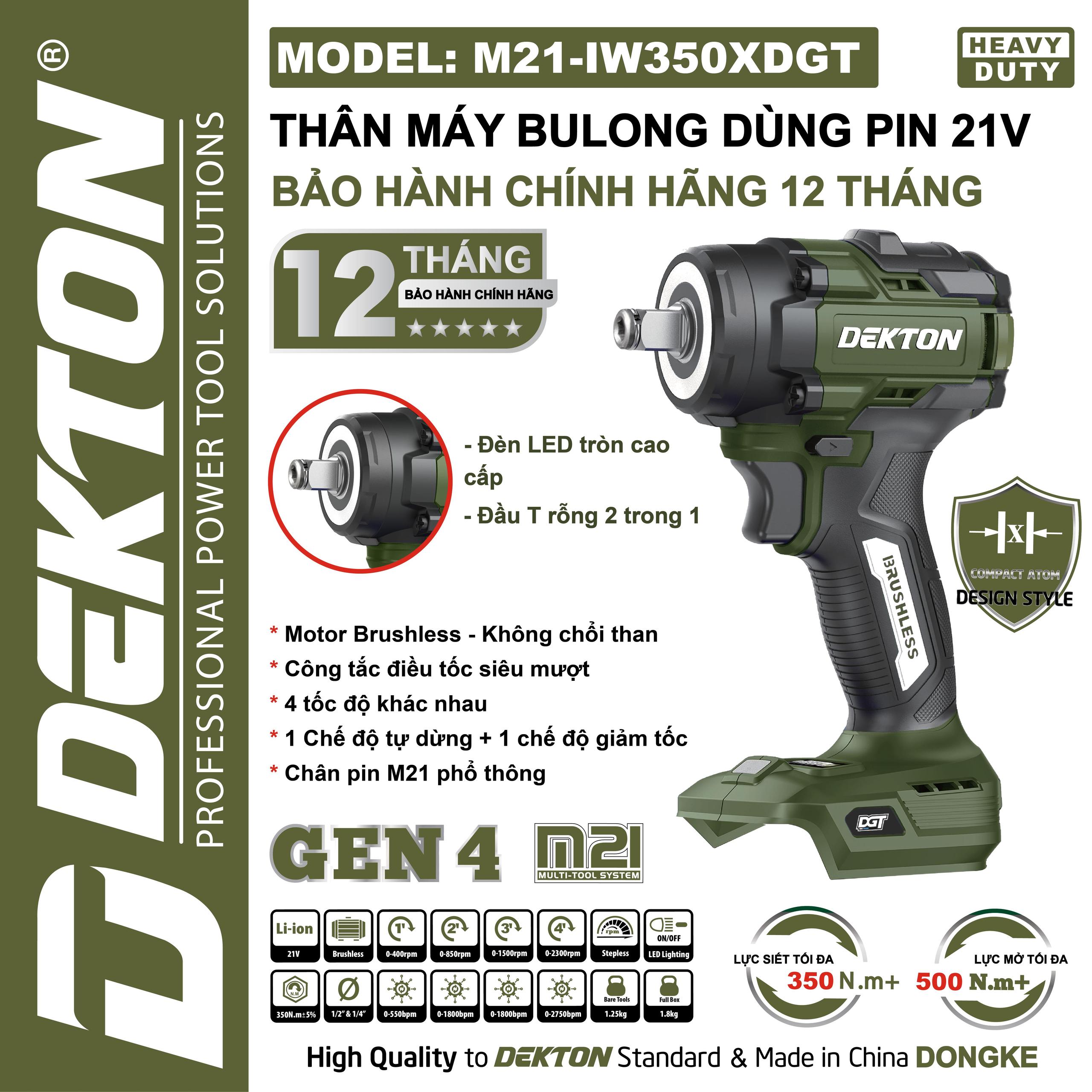 Thân Máy Siết Bulong Pin Dekton M21-IW350DGT – Lực Siết 350N.m, Động Cơ Brushless (Chính Hãng)