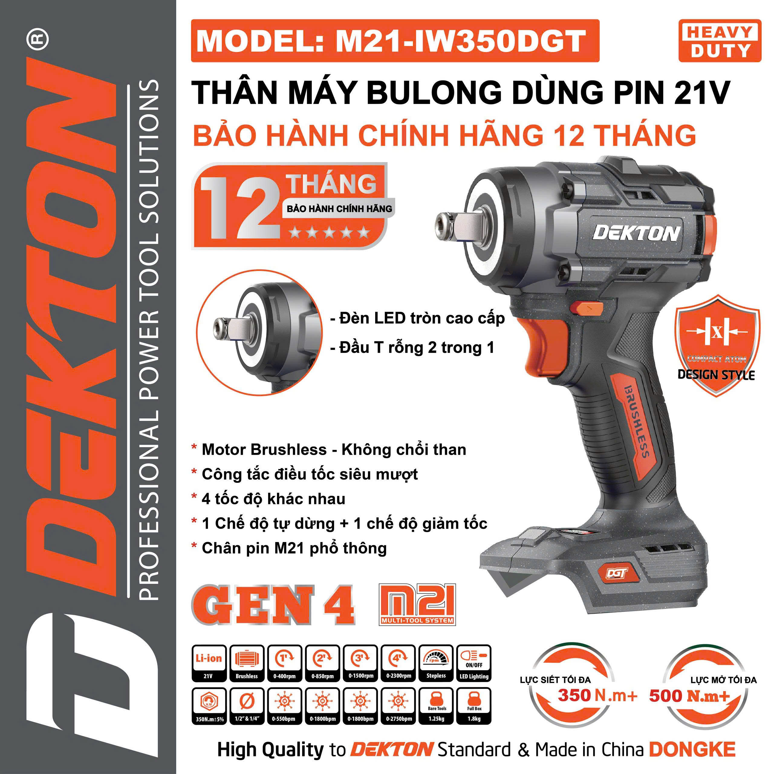 Thân Máy Siết Bulong Pin Dekton M21-IW350DGT – Lực Siết 350N.m, Động Cơ Brushless (Chính Hãng)