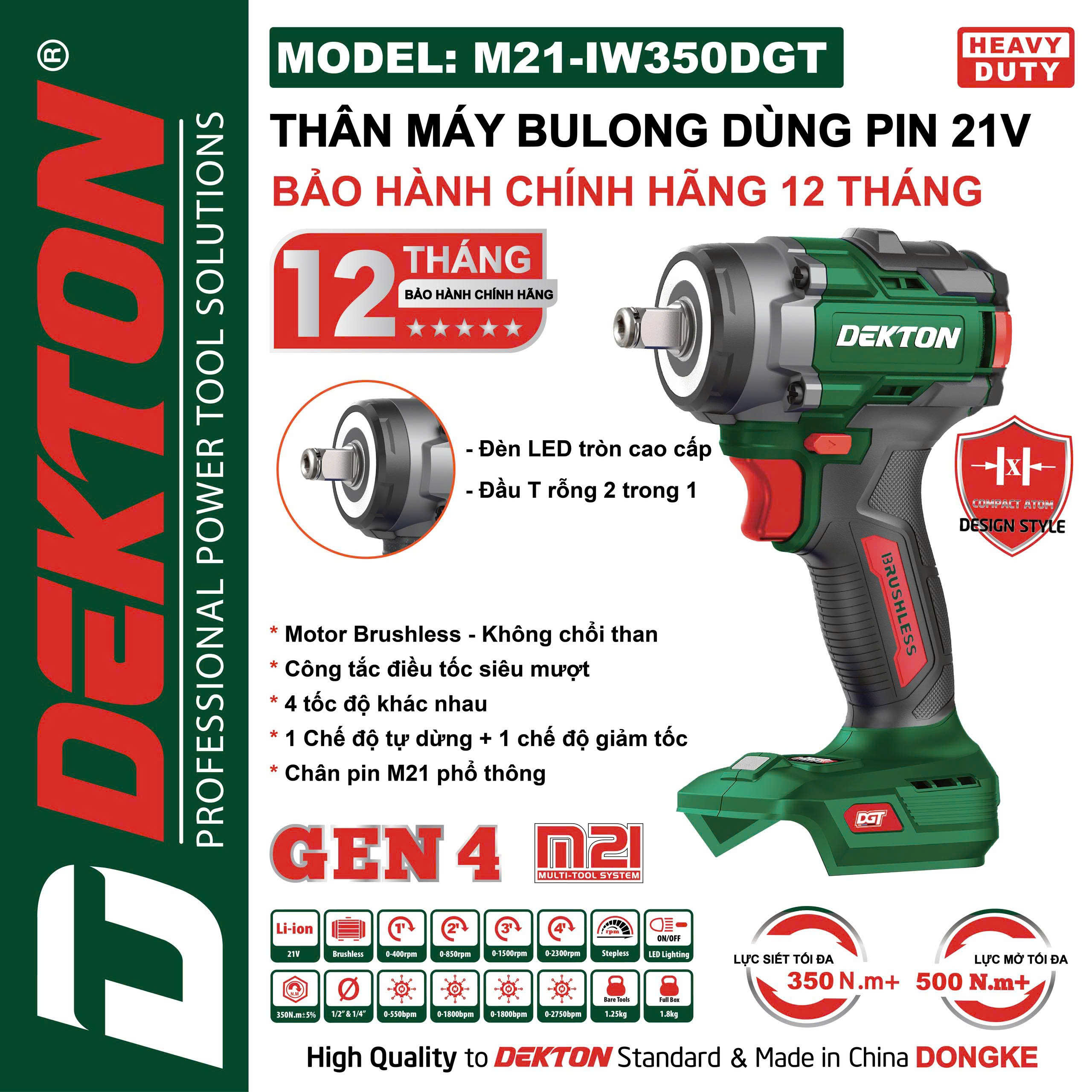 Thân Máy Siết Bulong Pin Dekton M21-IW350DGT – Lực Siết 350N.m, Động Cơ Brushless (Chính Hãng)