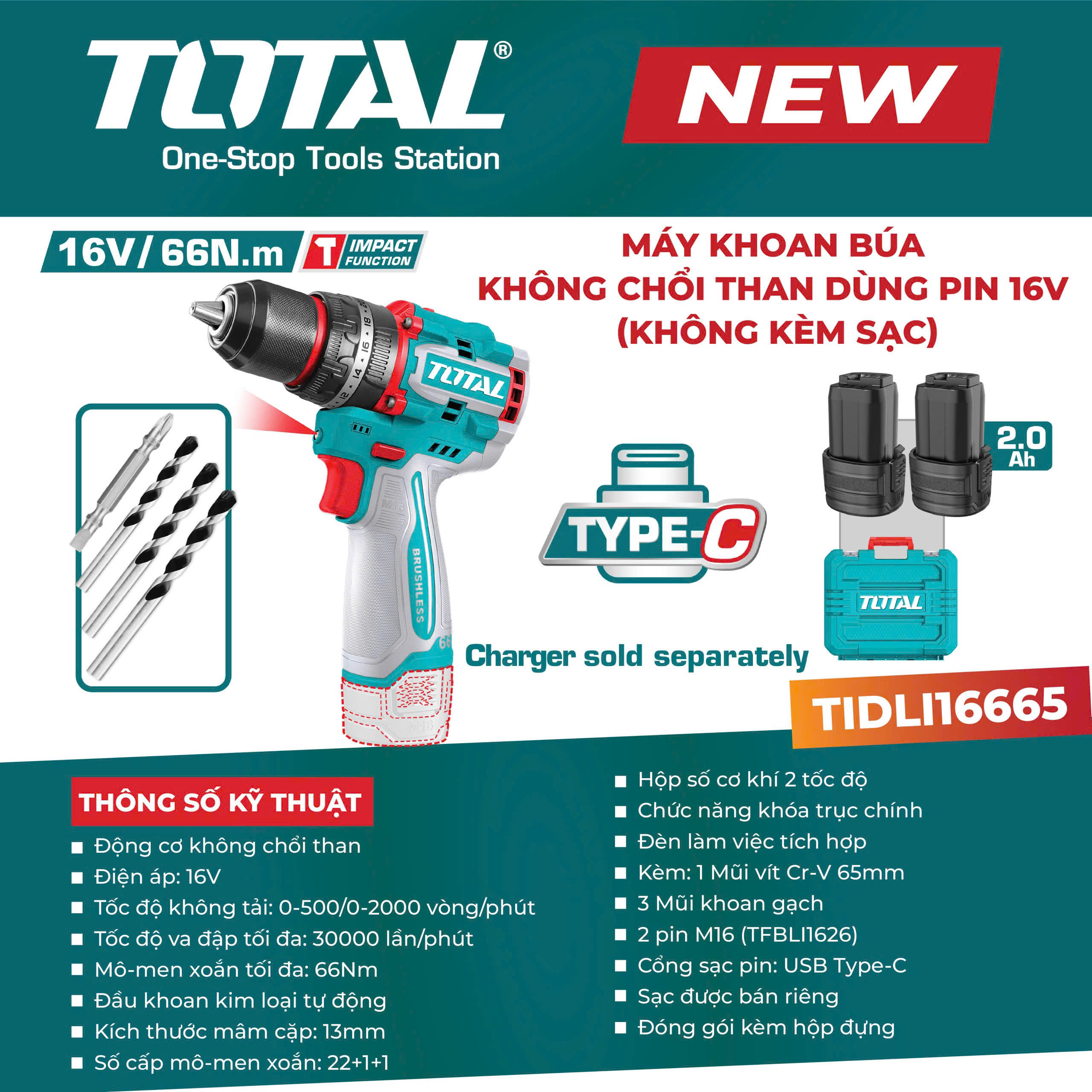 Máy Khoan Búa Không Chổi Than 16V Total TIDLI16665 (66N.m – Đầu Kim Loại 13mm – Kèm 2 Pin Sạc Type-C)