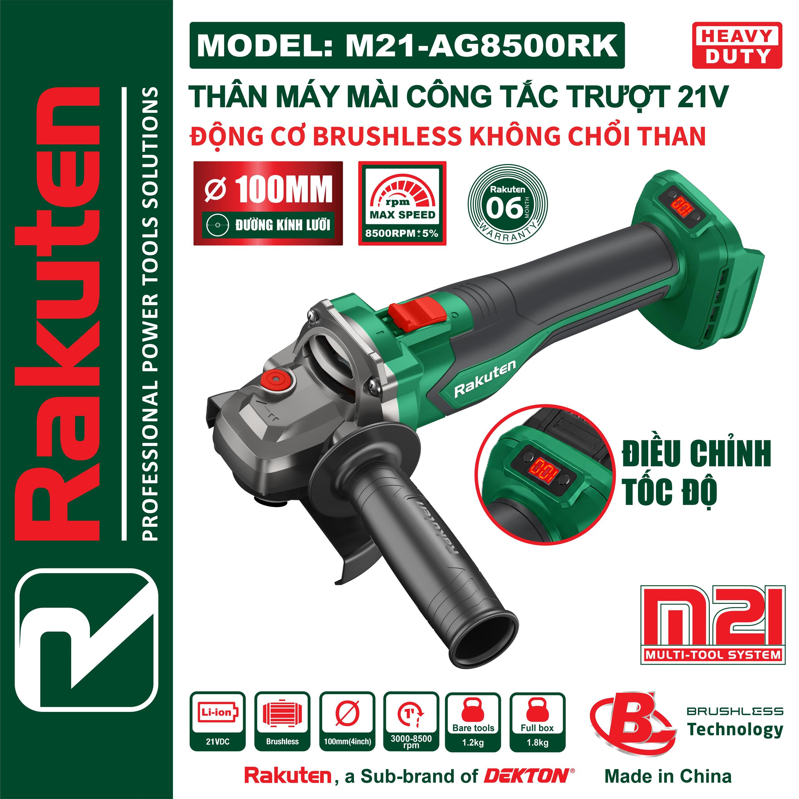 Thân Máy Mài Góc Pin 21V Rakuten M21-AG8500RK – Động Cơ Brushless, Công Tắc Trượt (Chính Hãng)