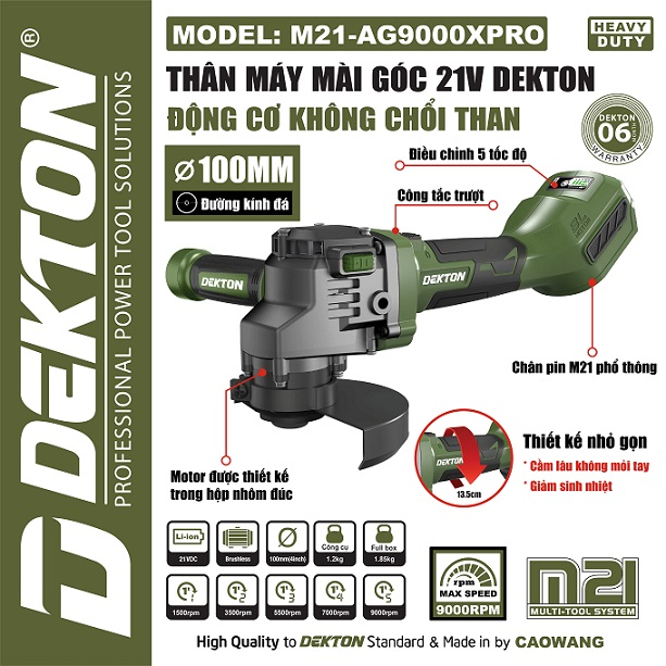 Máy Mài Góc Dùng Pin Dekton M21-AG9000PRO – Động Cơ Brushless, 5 Tốc Độ (Chính Hãng)
