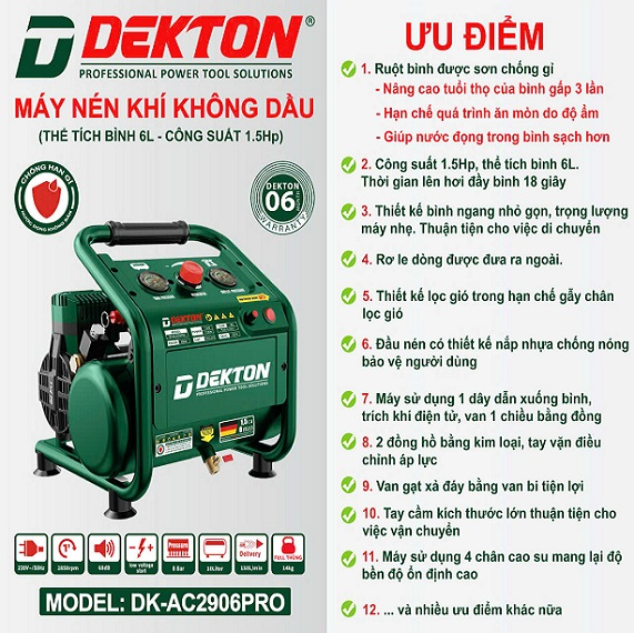Máy Nén Khí Không Dầu Dekton DK-AC2906XPRO (1.5HP - 6L) - Nạp Hơi Siêu Tốc 18 Giây