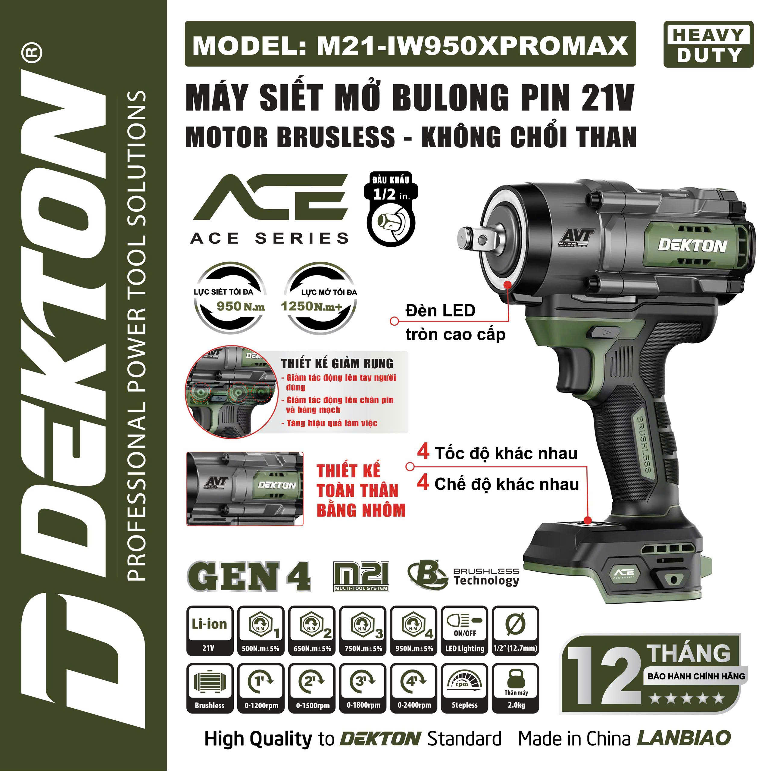 Thân Máy Siết Bulong Pin Dekton M21-IW950XPROMAX – Lực Siết 950Nm, Động Cơ Brushless (Chính Hãng)