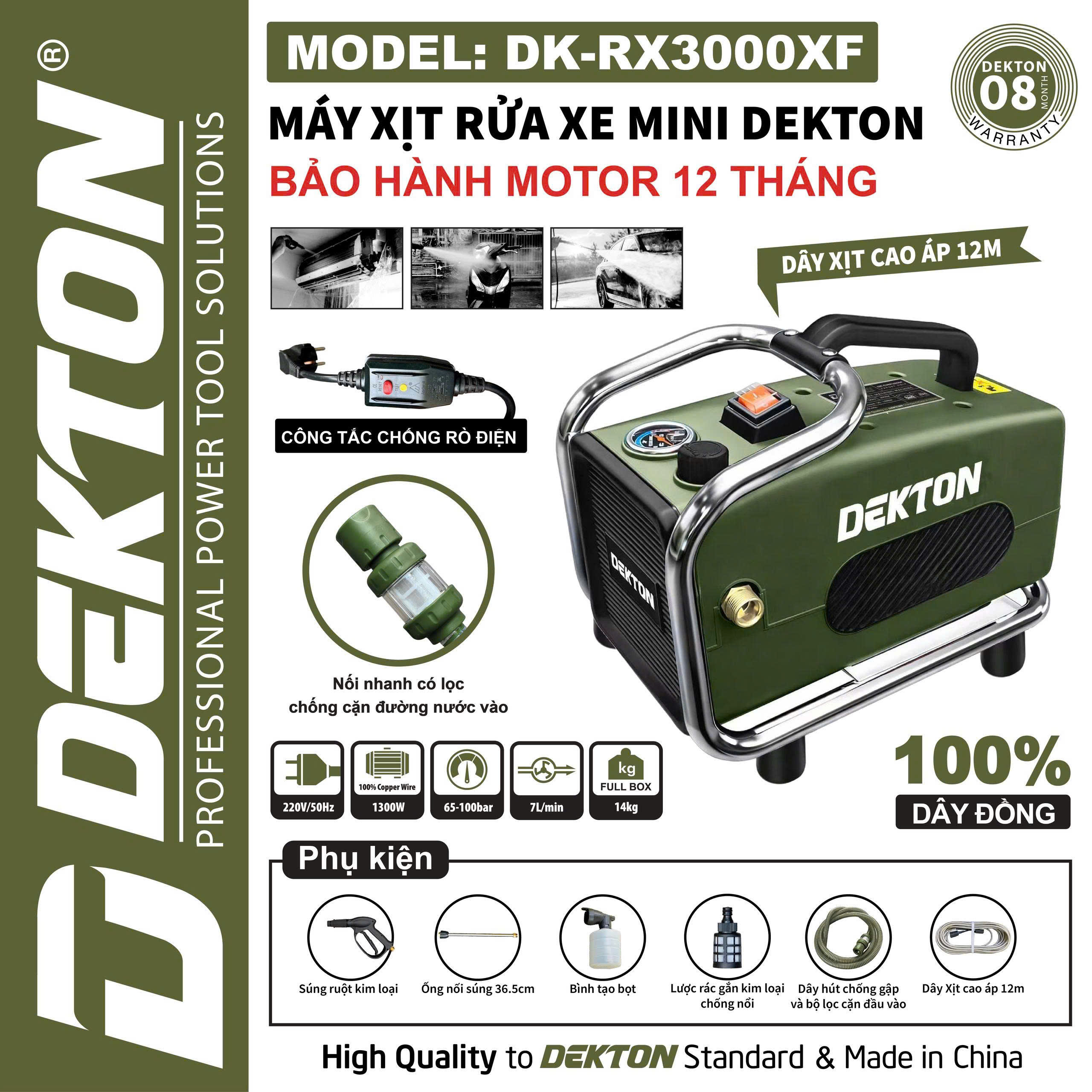 Máy Rửa Xe Mini Dekton DK-RX3000XF – Công Suất 1300W, 100% Dây Đồng (Bảo Hành Motor 12 Tháng)