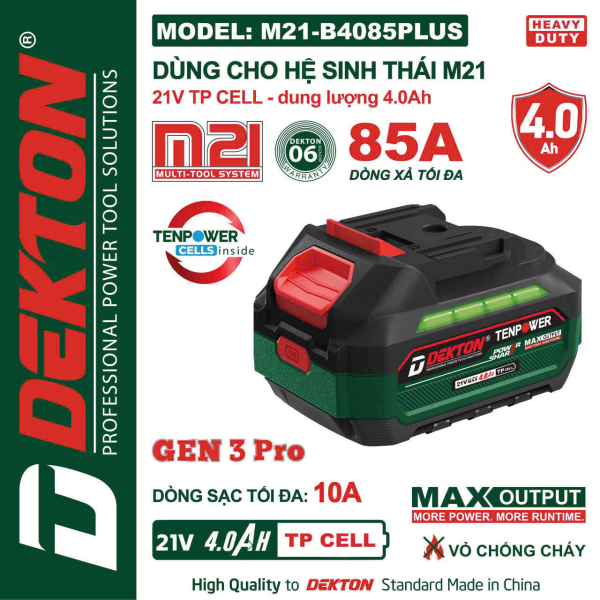 Pin Dekton 21V 4.0Ah M21-B4085PLUS Gen 3 Pro – Dòng Xả Cao 85A
