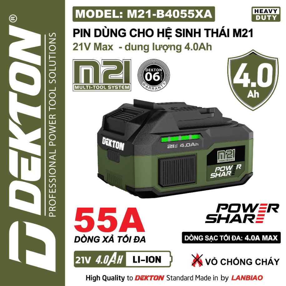 Pin Dekton 21V 4.0Ah M21-B4055A Heavy Duty – Dòng Xả 55-65A Vỏ Chống Cháy (Chính Hãng)
