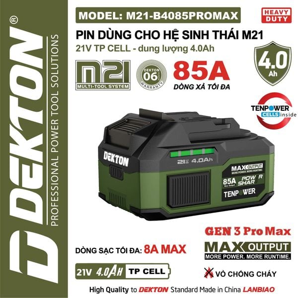 Pin 21V 4.0Ah Dekton M21-B4085PROMAX Gen 3 Pro Max – Dòng Xả Cực Đỉnh 85A (Cell Tenpower – Vỏ Chống Cháy)