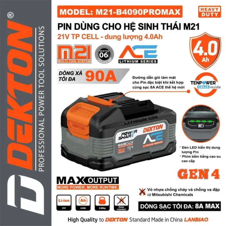 Pin 21V 4.0Ah Dekton M21-B4090PROMAX Gen 4 – Dòng Xả Cực Đỉnh 90A (Cell Tenpower – Vỏ Mitsubishi Chemicals)