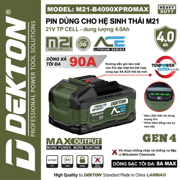 Pin 21V 4.0Ah Dekton M21-B4090PROMAX Gen 4 – Dòng Xả Cực Đỉnh 90A (Cell Tenpower – Vỏ Mitsubishi Chemicals)